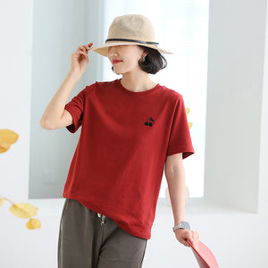 Áo T-shirt ngắn tay cổ tròn thêu quả cherry - NU9832