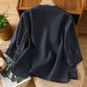 Áo sơ mi linen ngắn tay cổ đứng thêu miếng vá hoa lá  - A852