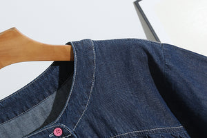 Đầm liền denim ngắn tay xòe cổ tròn khuy cài - NU10374