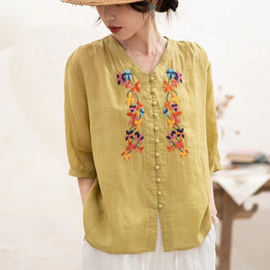Áo sơ mi linen ngắn tay cổ V thêu hoa lá khuy tròn - NU10059