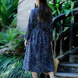 Đầm liền linen dài tay cổ đứng khuy cài in hoa lá - NU9507