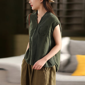 Áo sơ mi linen sát nách cổ trái tim một túi - A806