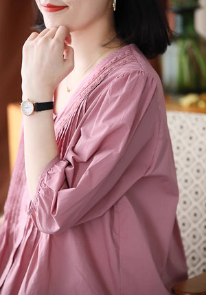 Áo sơ mi ngắn tay cổ V thêu ren xếp ly - NU8828