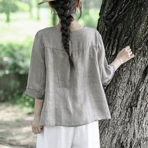 Áo sơ mi linen ngắn tay cổ V thêu hoa nổi hai lớp - NU9860