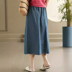 Chân váy denim lưng thun đính khuy đôi túi sau - NU10270