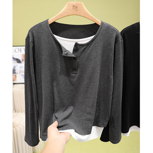Áo T-shirt dài tay cổ tròn khuy cài một màu - NU9436