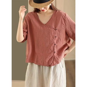 Áo sơ mi linen ngắn tay cổ V vạt lệch - NU9060