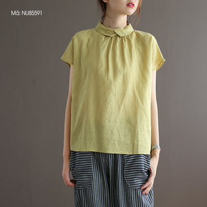 Áo sơ mi linen ngắn tay cổ pipi khuy cài sau một màu - NU8559