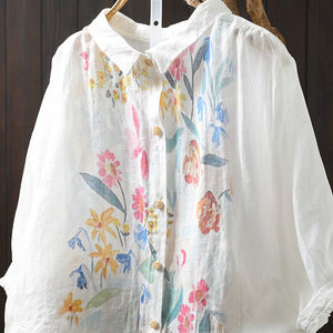 Áo sơ mi linen ngắn tay cổ đức in hoa hồng - NU10095