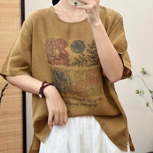 Áo T-shirt linen ngắn tay cổ tròn in hoa lá và chim retro - NU10357