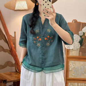 Áo sơ mi organza ngắn tay cổ V thêu hoa lá - NU9808