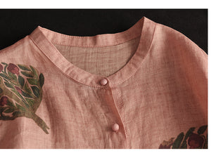Áo sơ mi linen ngắn tay cổ tàu in hoa lá retro khuy tròn - NU8854