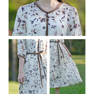 Đầm liền linen ngắn tay cổ V ba khuy in hoa lá - NU9035