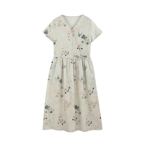 Đầm liền linen hoa lá ngắn tay cổ V vạt chéo eo thắt dây - NU10023