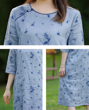 Đầm liền linen ngắn tay cổ tròn hai khuy thêu hoa retro - NU10508