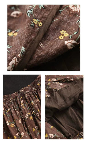 Chân váy linen retro lưng thun in hoa lá li ti hai lớp - V110