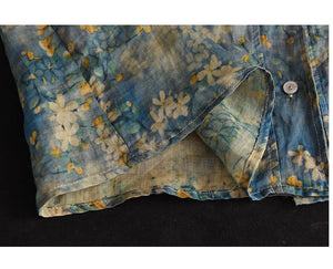 Áo sơ mi linen ngắn tay cổ V xếp ly in hoa liti - NU8926