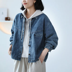 Áo khoác denim dài tay cổ đức một túi ngang nhỏ - A057
