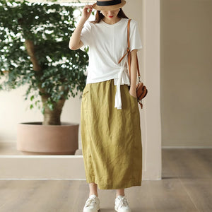 Chân váy linen retro hai túi đính khuy lưng thun - NU9000