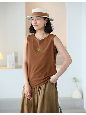 Áo T-shirt sát nách cổ tròn thêu cây xương rồng - NU10464