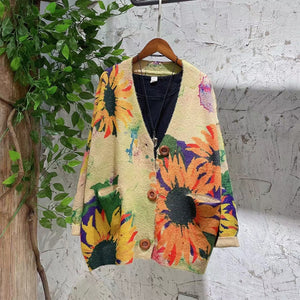 Áo khoác len cardigan dài tay cổ V in hoa hướng dương - NU9230