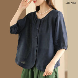 Áo sơ mi linen ngắn tay cổ tròn vạt bo - A820