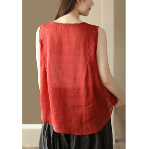 Áo T-shirt linen sát nách cổ tròn thêu tranh - NU8700