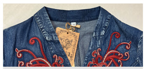 Đầm liền denim tay lửng cổ V khuy cài thêu hoa văn retro - NU9370