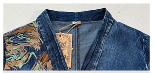 Đầm liền denim tay lửng cổ V thêu hoa văn trừu tượng - NU9364