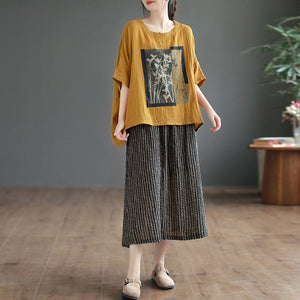 Chân váy linen lưng thun in hoa văn retro kẻ sọc - NU8817