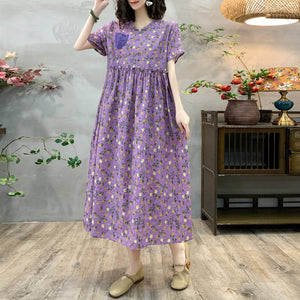 Đầm liền linen ngắn tay cổ V in hoa văn thêu một túi - D117