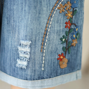 Quần sooc denim lưng thun thêu hoa lá chỉ nổi - NU10287