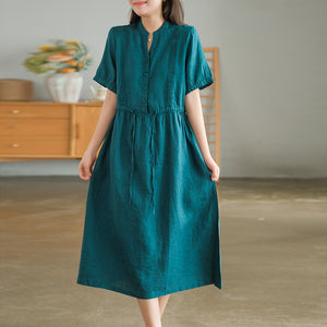Đầm liền linen ngắn tay cổ V xếp ly đối xứng - NU8686