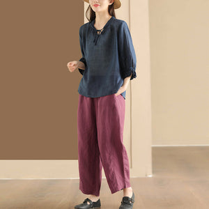 Áo sơ mi linen tay lửng cổ V cột dây - A715