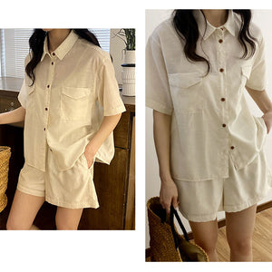 Bộ đồ linen gồm quần sooc và áo sơ mi ngắn tay cổ đức hai túi vuông - NU8741