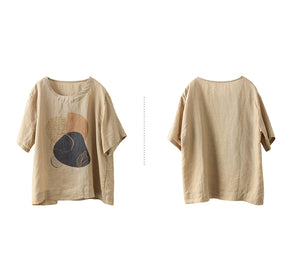 Áo T-shirt linen ngắn tay cổ tròn in hình học form rộng - NU10504