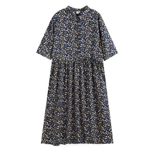Đầm liền linen ngắn tay cổ đức in những chiếc lá sắc màu - NU10016