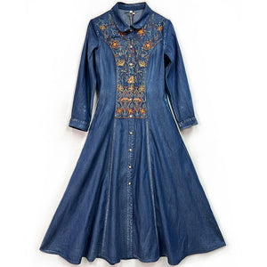 Đầm liền denim dài tay cổ cánh sen thêu hoa văn cân đối - NU9210