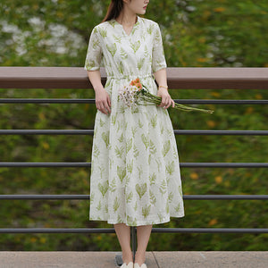 Đầm liền linen ngắn tay cổ V in những chiếc lá - NU8789