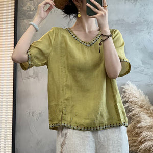 Áo T-shirt linen ngắn tay cổ V thêu bo viền - NU10071
