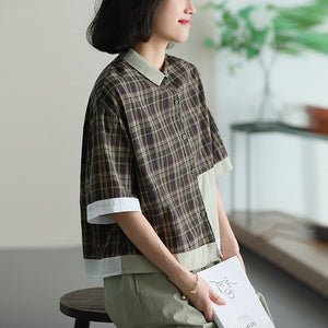 Áo sơ mi ngắn tay cổ đức kẻ caro phối mảng màu - NU10172
