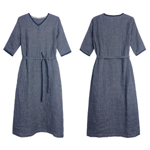 Đầm liền linen ngắn tay cổ V kẻ caro eo thắt dây - NU8786