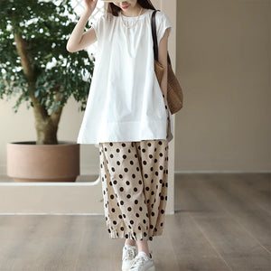 Quần baggy linen lưng thun ống xếp ly chấm bi - NU8971