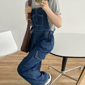 Quần baggy yếm denim chiết eo ống đứng - NU10373