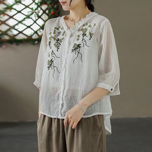 Áo sơ mi linen ngắn tay cổ V thêu hoa lá trước ngực - A006