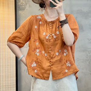 Áo sơ mi linen ngắn cổ tròn xếp ly thêu hoa lá - NU9773