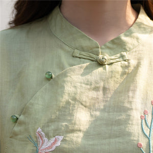 Áo sơ mi linen ngắn tay khuy tròn cài lệch thêu hoa lá - NU10055