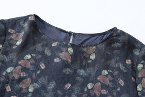 Đầm liền linen ngắn tay cổ tròn in những chiếc lá - NU9900