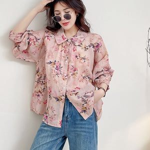 Áo sơ mi linen dài tay cổ cánh sen in hoa lá - A685