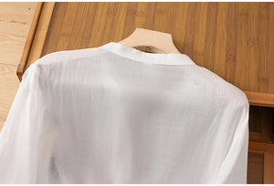 Áo sơ mi linen ngắn tay cổ tròn chữ V thêu hoa lá - NU8831